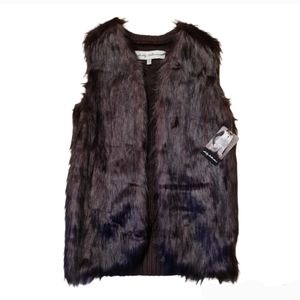 Boutique Debby Collection Faux Fur Open Front Vest Brown Burgundy Size S NWT